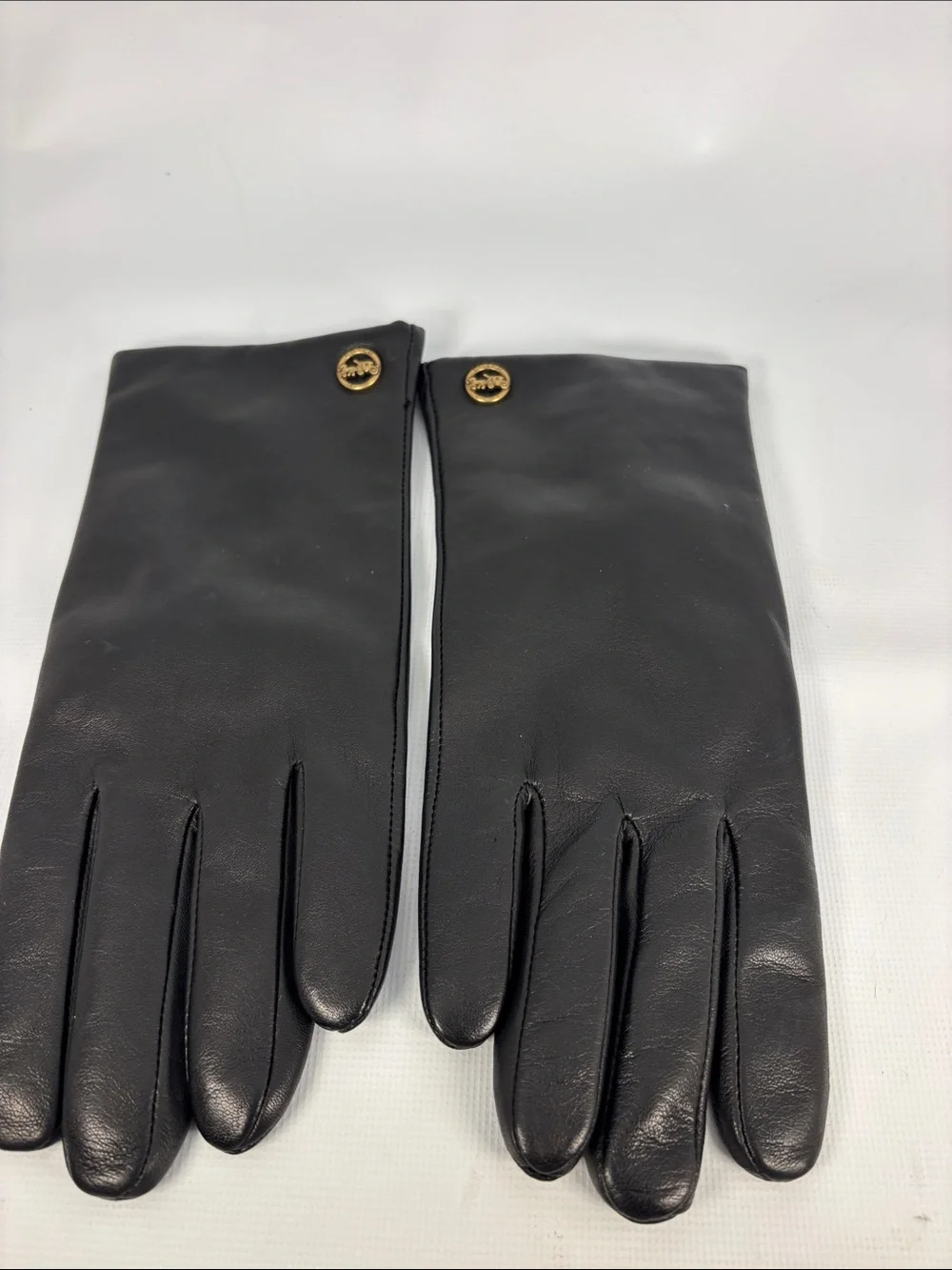 Coach Black Leather Gloves with Gold Logo Buttons